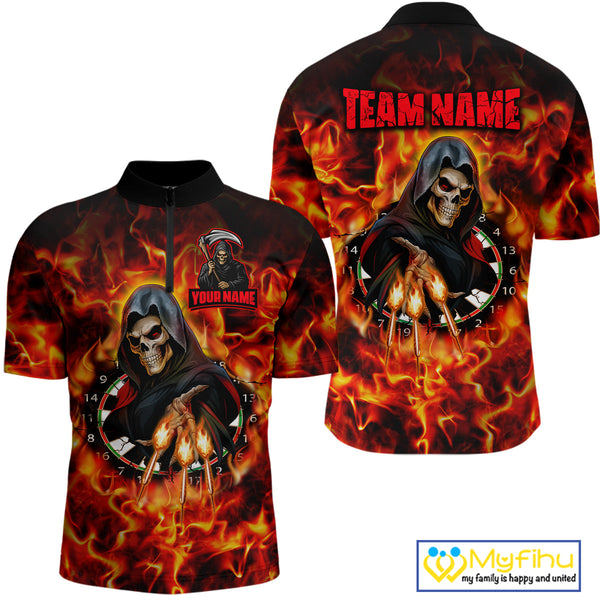 Custom Red Fire Flame Grim Reaper Dart Men Quarter-Zip Shirt, Halloween Skull Dart Outfit NYN0585