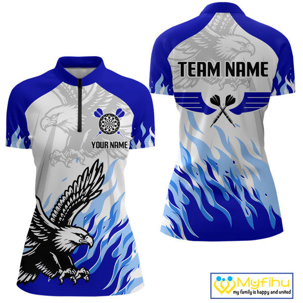 Custom White And Blue Flame Eagle Dart  Quarter-Zip Shirts For Women, Eagle Dart Jersey NYN0332