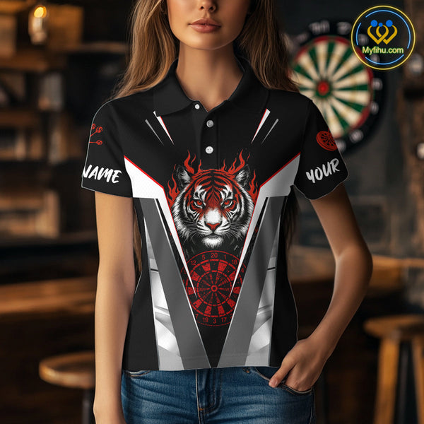 Custom Black And Red Flame Tiger Dart Team Women Polo Shirts, Tiger Dart Jerseys NYN0337