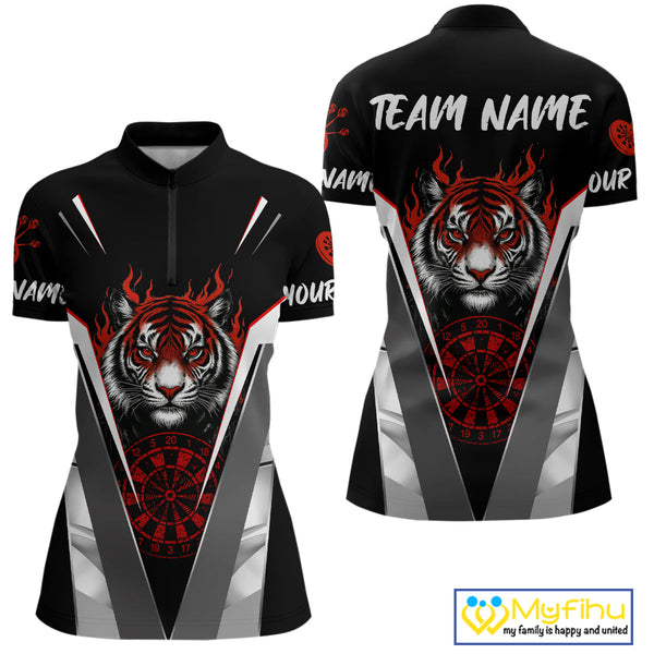 Custom Black And Red Flame Tiger Dart Team Women Quarter-Zip Shirts, Tiger Dart Jerseys NYN0337