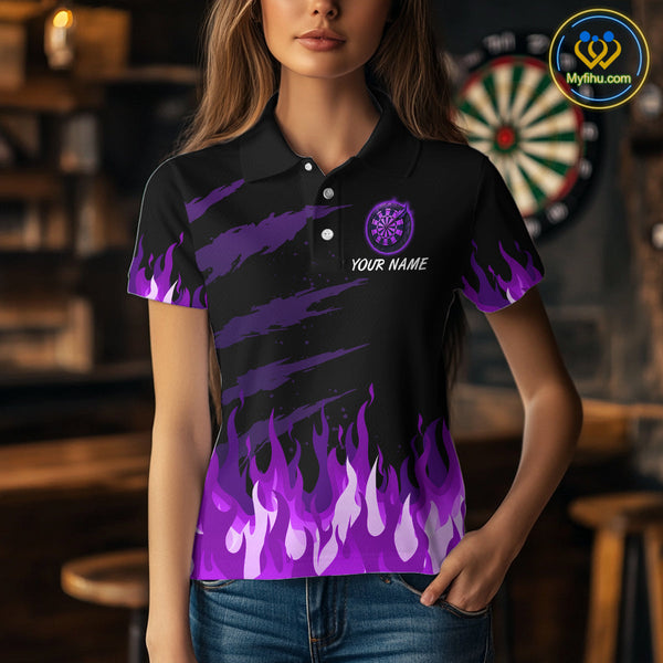 Custom Black And Purple Fire Flame Phoenix Dart Team Women Polo Shirt, Dart League Shirt NYN0341