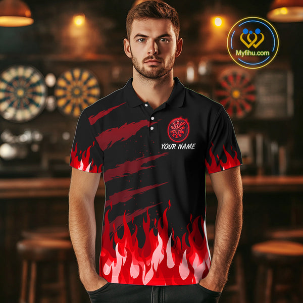 Custom Black And Red Fire Flame Phoenix Dart Team Men Polo Shirt, Dart League Shirt NYN0342