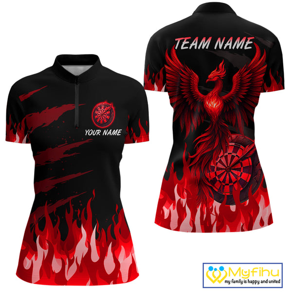 Custom Black And Red Fire Flame Phoenix Dart Women Quarter-Zip Shirt, Dart League Shirt NYN0342
