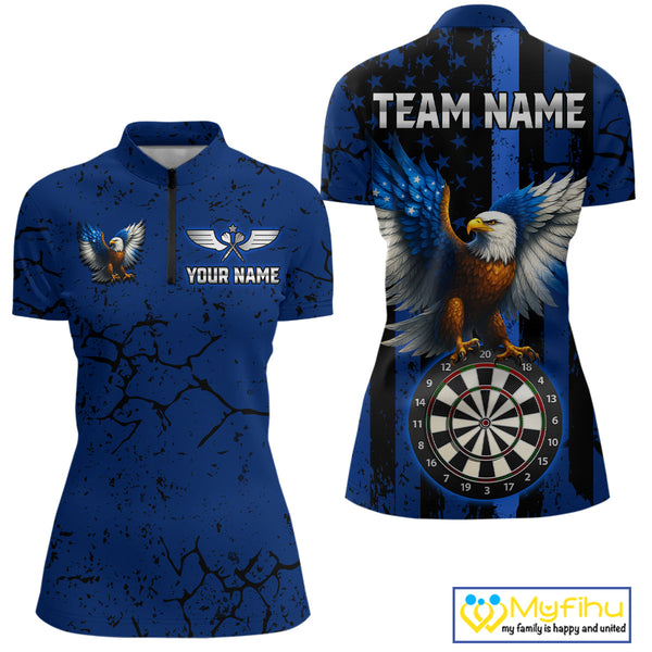 Custom Blue Line US Flag Eagle Patriotic Dart Quarter-Zip Shirt For Women, Dart Jersey NYN0609