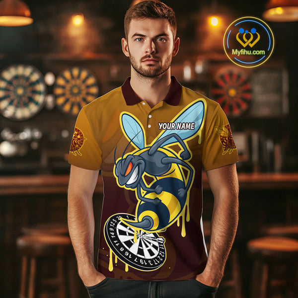 Custom Brown Yellow Angry Bee Dart Polo Shirts For Men, Funny Bee Dart Jersey NYN0672