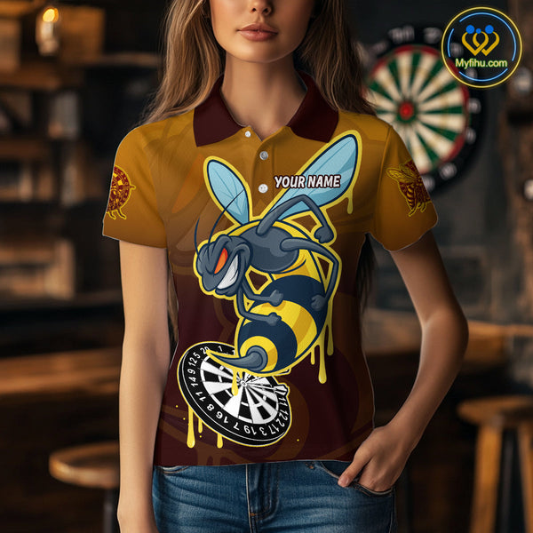 Custom Brown Yellow Angry Bee Dart Polo Shirts For Women, Funny Bee Dart Jersey NYN0672