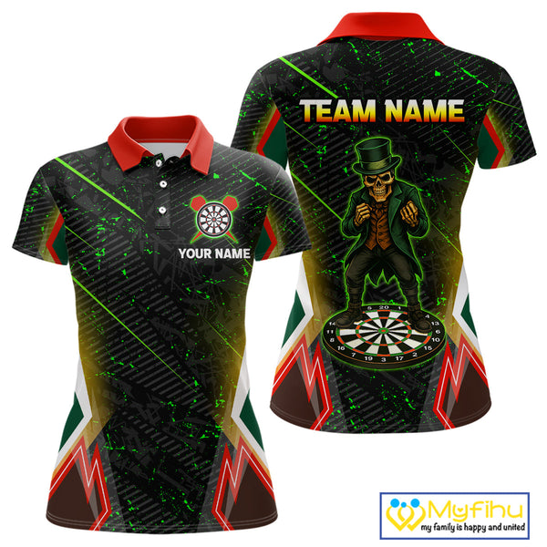 Custom  Green Splatter St Patrick Skull Dart Polo Shirts For Women NYN0430