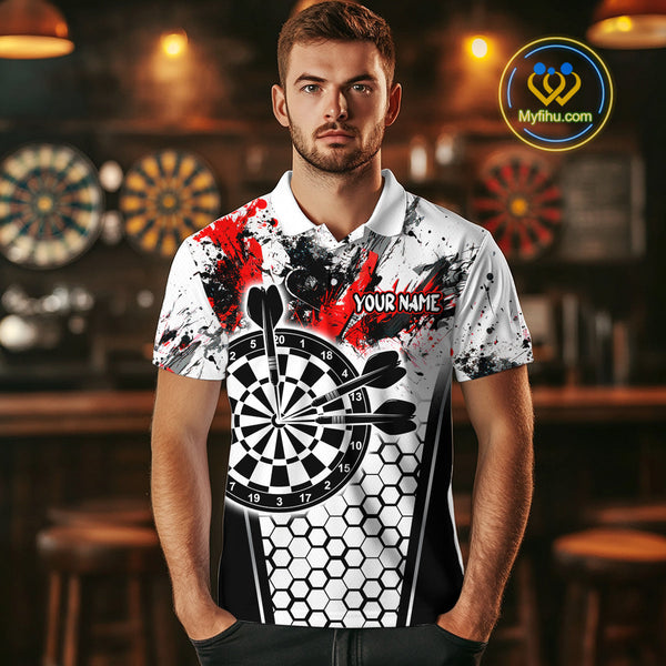 Custom White And Red Splatter Dart Polo Shirts For Men, Grunge Dart Team Shirt NYN0681