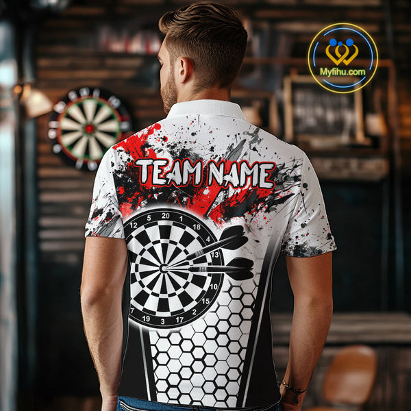 Custom White And Red Splatter Dart Polo Shirts For Men, Grunge Dart Team Shirt NYN0681