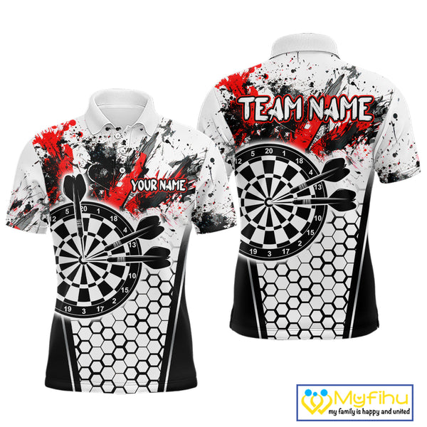 Custom White And Red Splatter Dart Polo Shirts For Men, Grunge Dart Team Shirt NYN0681