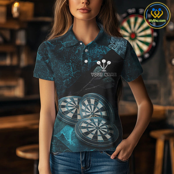 Custom Grunge Black And Blue Dart Team Polo Shirts For Women, Vintage Dart Jerseys NYN0685