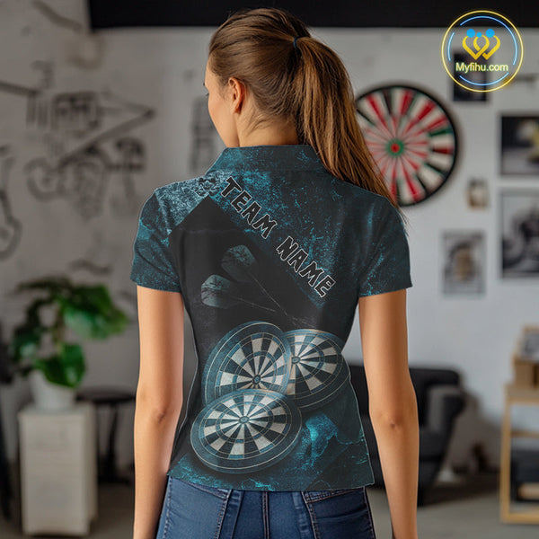 Custom Grunge Black And Blue Dart Team Polo Shirts For Women, Vintage Dart Jerseys NYN0685