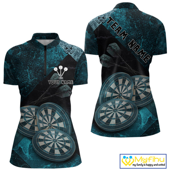 Custom Grunge Black And Blue Dart Team Quarter-Zip Shirts For Women, Vintage Dart Jerseys NYN0685