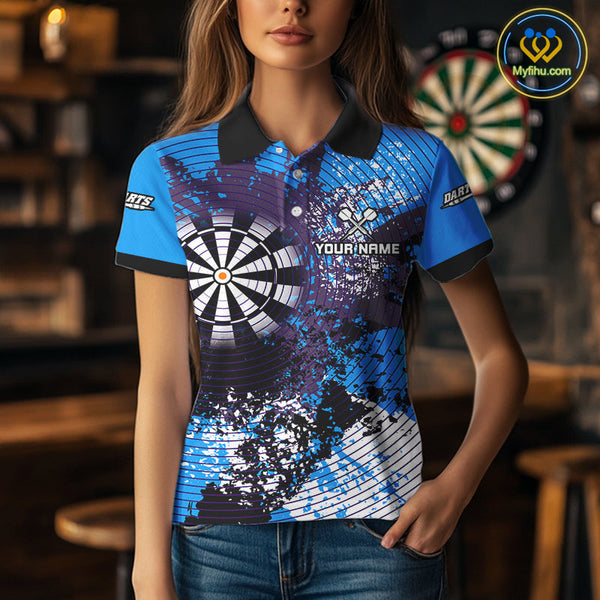 Custom Blue Grunge Dartboard Splatter Effect Dart Polo Shirts For Women, Dart Jerseys NYN0687