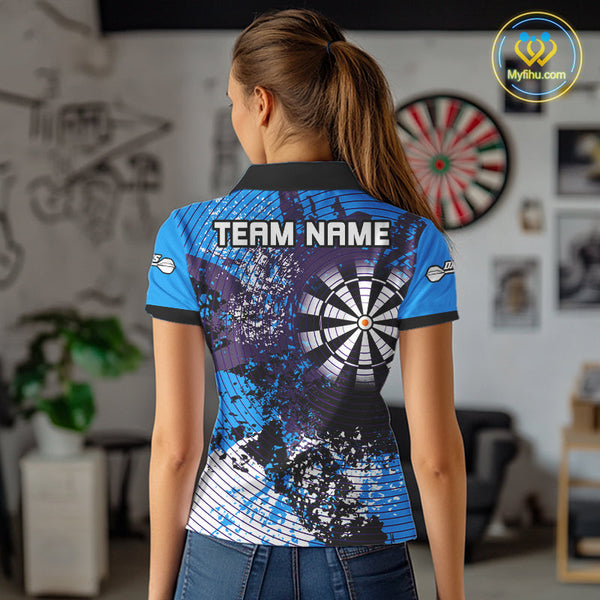Custom Blue Grunge Dartboard Splatter Effect Dart Polo Shirts For Women, Dart Jerseys NYN0687