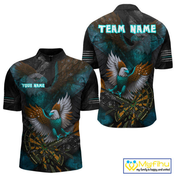 Custom US Flag Eagle Patriotic Dart Men Quarter-Zip Shirt, Vintage Dart League Shirt NYN0691