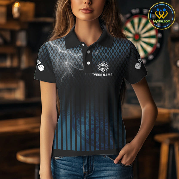 Custom Black And Blue Thunder Lightning Dart Team Jerseys, Dart Polo Shirt For Women NYN0440