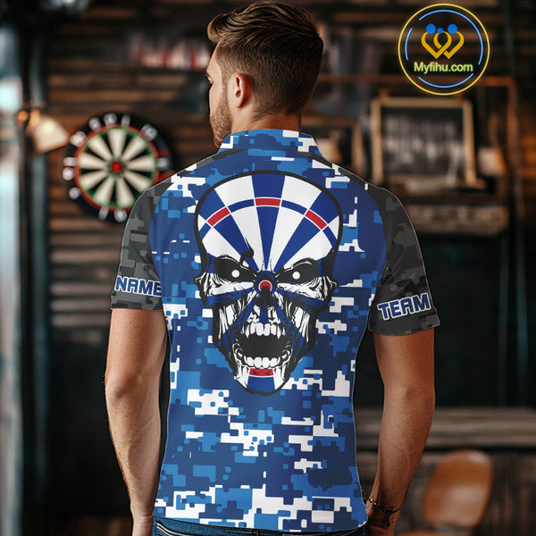 Custom Black And Blue Digital Camo Skull Dartboard Dart Team Polo Shirt For Men NYN0694