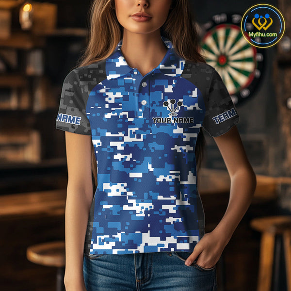 Custom Black And Blue Digital Camo Skull Dartboard Dart Team Polo Shirt For Women NYN0694