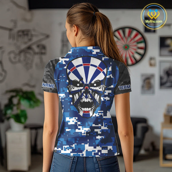Custom Black And Blue Digital Camo Skull Dartboard Dart Team Polo Shirt For Women NYN0694