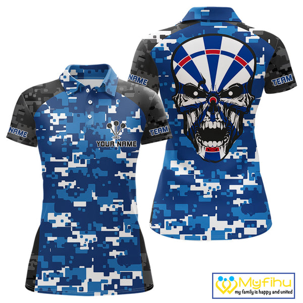 Custom Black And Blue Digital Camo Skull Dartboard Dart Team Polo Shirt For Women NYN0694
