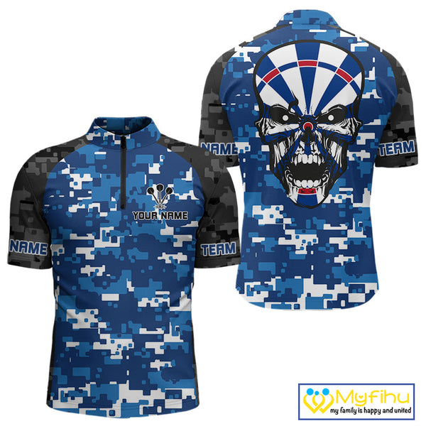 Custom Black And Blue Digital Camo Skull Dartboard Dart Team Quarter-Zip Shirt For Men NYN0694