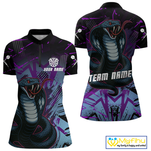Custom Blue And Purple Cobra Snake Dart Women Quarter-Zip Shirt, Dart Tournament Shirt NYN0456