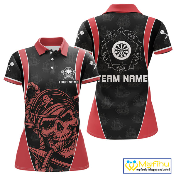 Custom Black And Red Pirate Skull Dart Team Polo Shirt For Women, Halloween Dart Outfit NYN0459