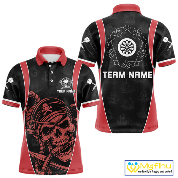 Custom Black And Red Pirate Skull Dart Team Polo Shirt For Men, Halloween Dart Outfit NYN0459