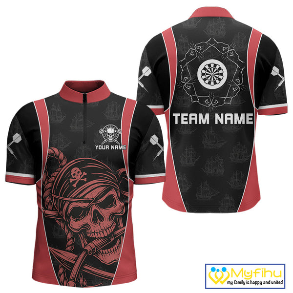 Custom Black And Red Pirate Skull Dart Team Quarter-Zip Shirt For Men, Halloween Dart Outfit NYN0459