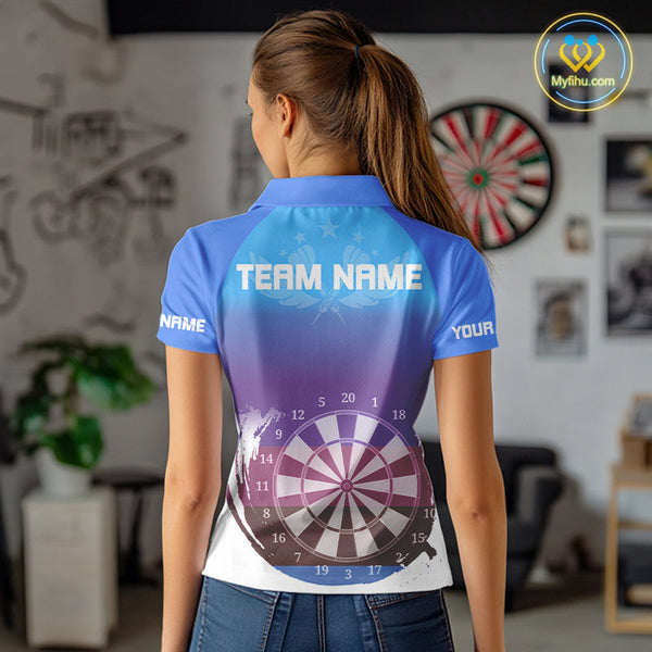 Custom Blue Gradient Swoosh Dartboard Dart Polo Shirts For Women, Dart Team Shirt NYN0710