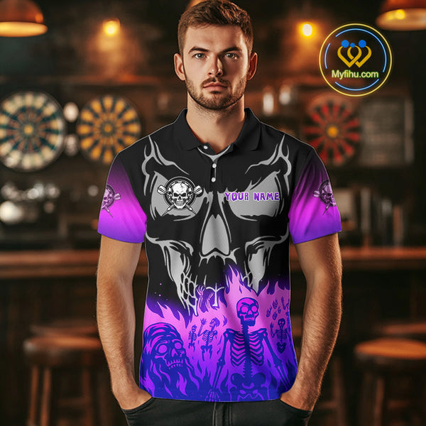 Custom Purple Flames Skeleton Dart Skull Men Polo Shirt, Halloween Dart Outfit NYN0714