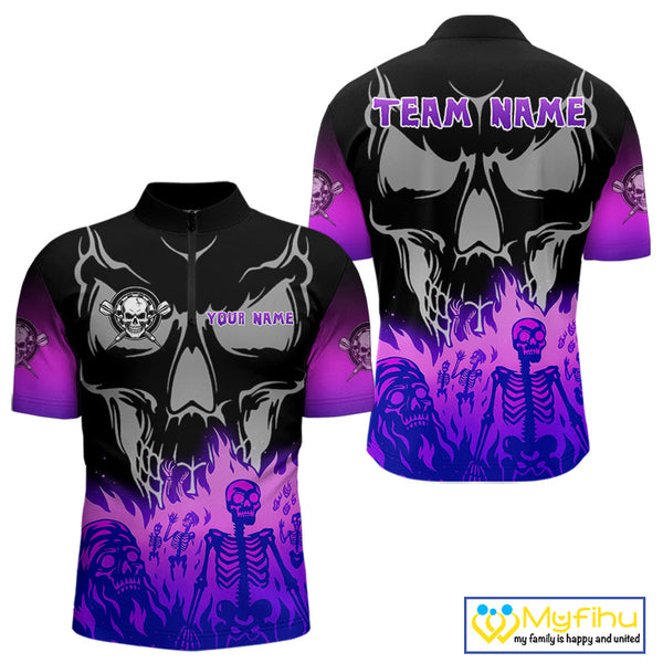 Custom Purple Flames Skeleton Dart Skull Men Quarter-Zip Shirt, Halloween Dart Outfit NYN0714