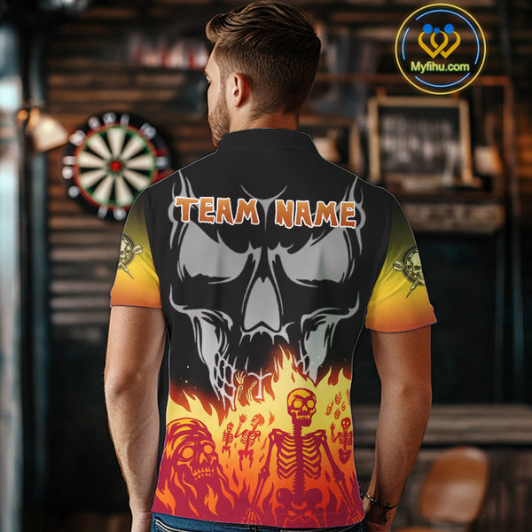 Custom Fire Flames Skeleton Dart Skull Men Polo Shirt, Halloween Dart Outfit NYN0715