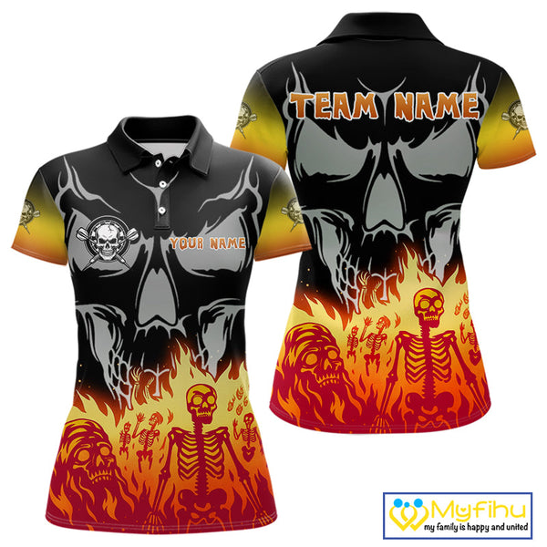 Custom Fire Flames Skeleton Dart Skull Women Polo Shirt, Halloween Dart Outfit NYN0715