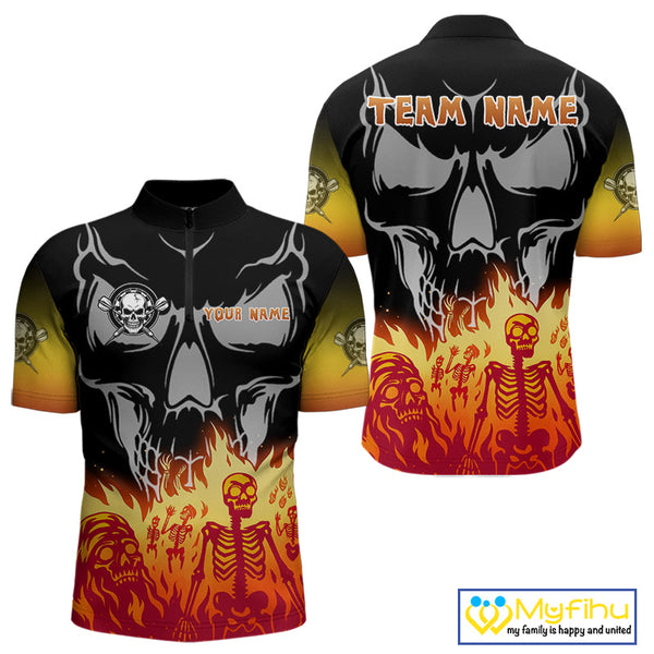 Custom Fire Flames Skeleton Dart Skull Men Quarter-Zip Shirt, Halloween Dart Outfit NYN0715