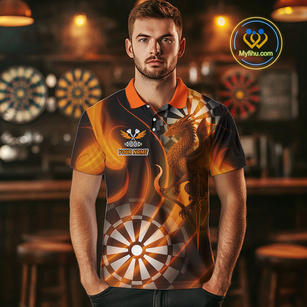 Custom Black And Orange Dragon Dart Polo Shirts For Men, Team Dart Jerseys NYN0721