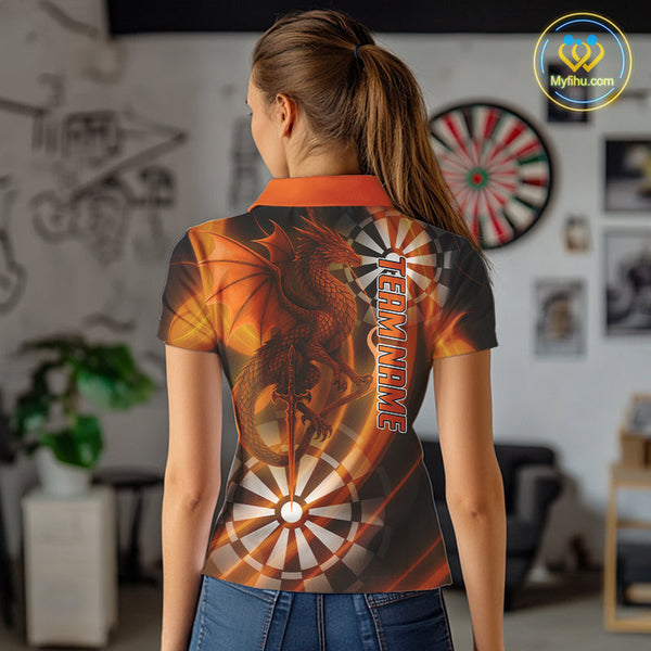 Custom Black And Orange Dragon Dart Polo Shirts For Women, Team Dart Jerseys NYN0721