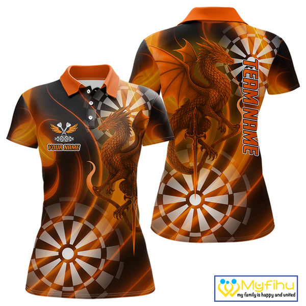 Custom Black And Orange Dragon Dart Polo Shirts For Women, Team Dart Jerseys NYN0721