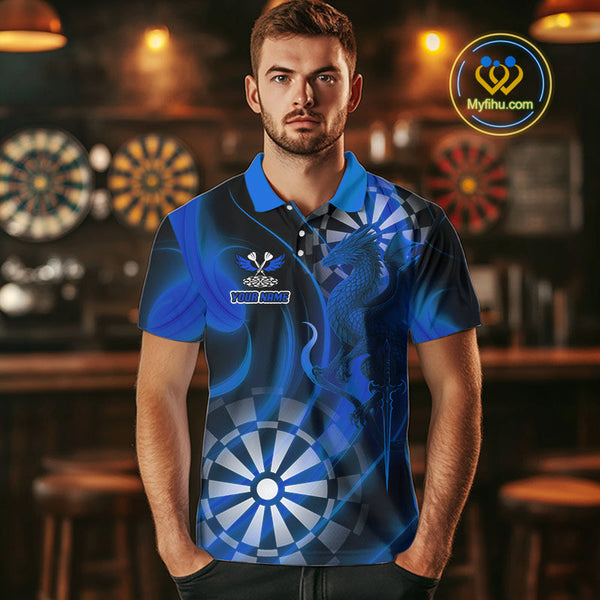 Custom Black And Blue Dragon Dart Polo Shirts For Men, Team Dart Jerseys NYN0723