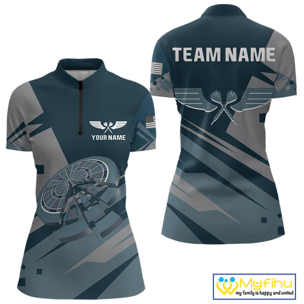 Custom Blue And Grey Dartboard Dart Quarter-Zip Shirts For Women, Dart League Shirt NYN0725