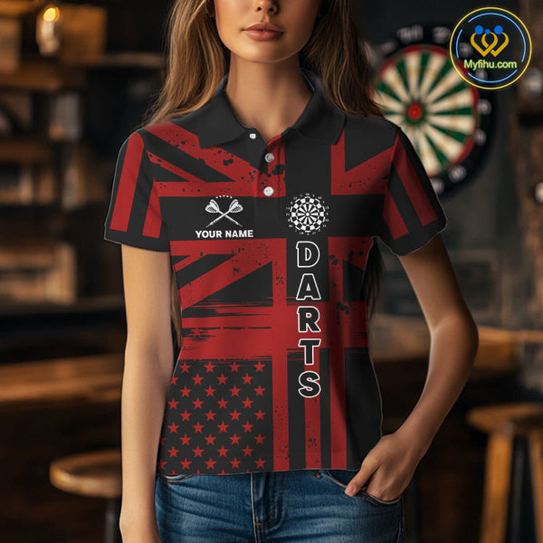 Custom Black And Red US Flag Faith Patriotic Dart Polo Shirt For Women, Dart Jerseys NYN0489