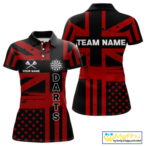 Custom Black And Red US Flag Faith Patriotic Dart Polo Shirt For Women, Dart Jerseys NYN0489