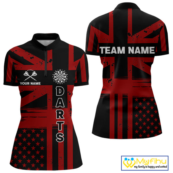 Custom Black And Red US Flag Faith Patriotic Dart Women Quarter-Zip Shirt, Dart Jerseys NYN0489