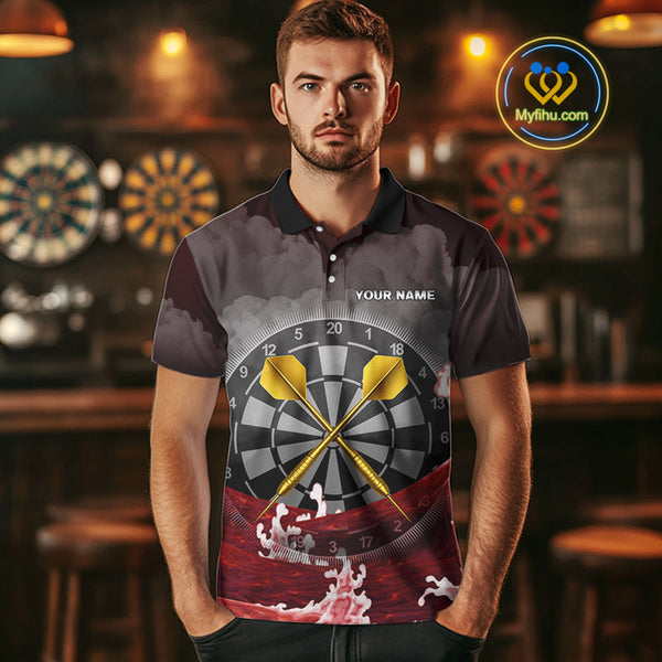 Custom Red Ocean Wave Golden Darts Polo Shirt For Men, Dart Team Jerseys NYN0492