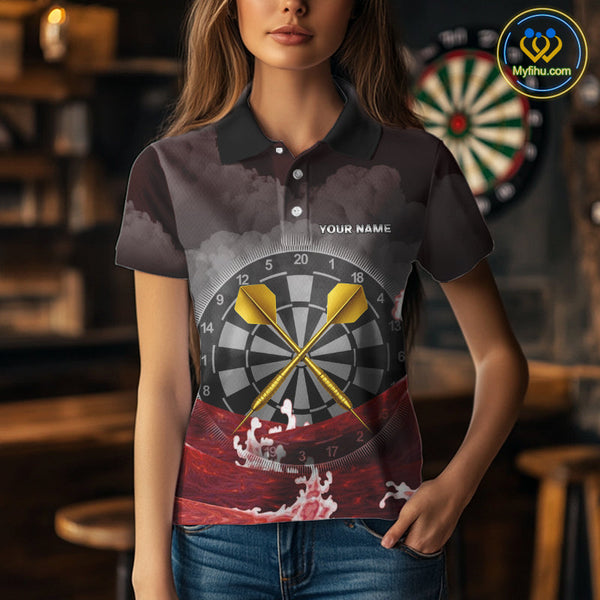 Custom Red Ocean Wave Golden Darts Polo Shirt For Women, Dart Team Jerseys NYN0492