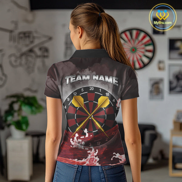 Custom Red Ocean Wave Golden Darts Polo Shirt For Women, Dart Team Jerseys NYN0492