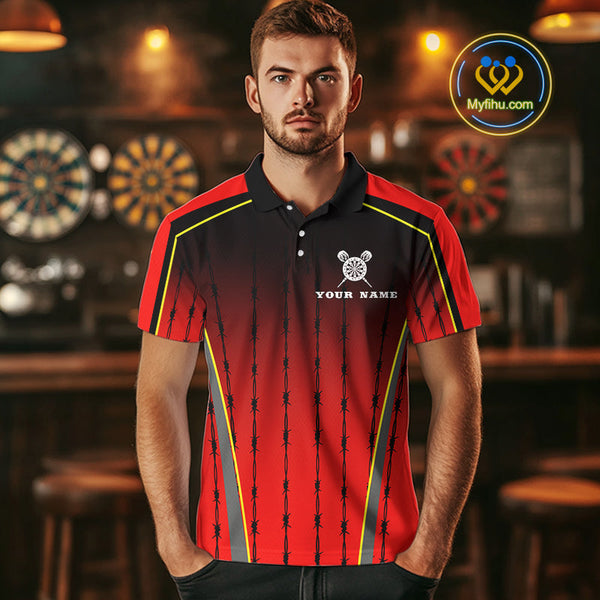 Custom Black And Red Barbed Wire Dart Polo Shirt For Men, Dart Team Shirt NYN0498