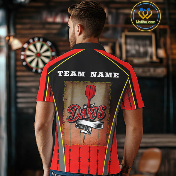 Custom Black And Red Barbed Wire Dart Polo Shirt For Men, Dart Team Shirt NYN0498