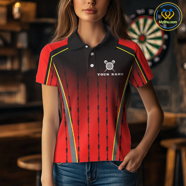 Custom Black And Red Barbed Wire Dart Polo Shirt For Women, Dart Team Shirt NYN0498